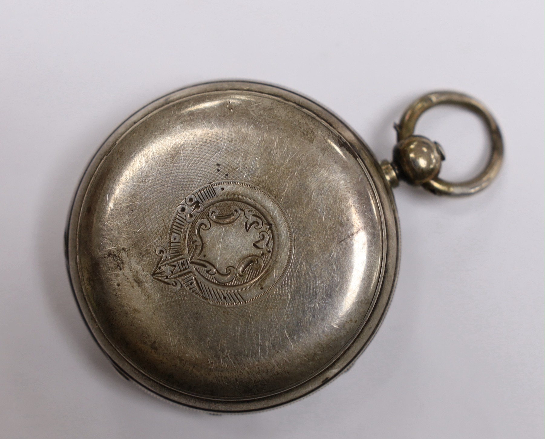 A late Victorian silver open faced pocket watch, with Roman dial and subsidiary seconds, with key.